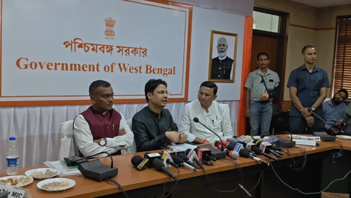 North Bengal Development Minister Nisith Pramanik, MP Raju Bista, MP Manoj Tigga, MLA Bishal Lama and other officials during a high-level meeting on the future of the tea industry at Uttar Kanya in Siliguri on Tuesday. 02 June 2026.